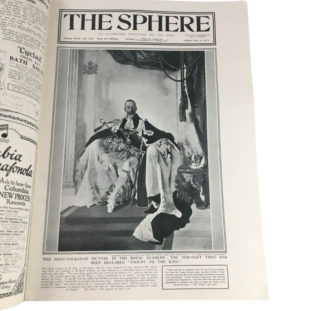 The Sphere Newspaper May 10 1924 cover featuring a portrait declared 'Unjust to the King,' showcasing royal attire and decorum.