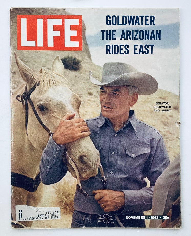 Cover of VTG Life Magazine November 1, 1963 featuring Barry Goldwater with a horse, showcasing the title 'Goldwater Rides East'.