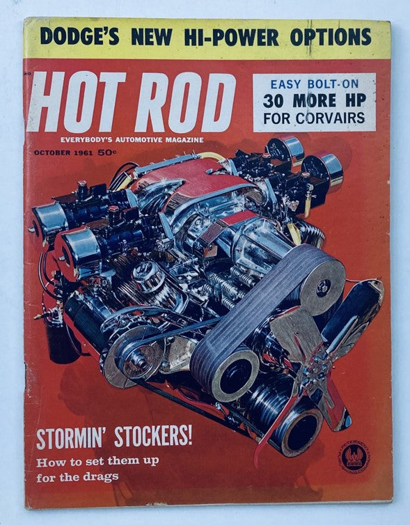Cover of VTG Hot Rod Magazine October 1961 Vol 14 No. 10 featuring Dodge's New Hi-Power Option and highlighted automotive components.