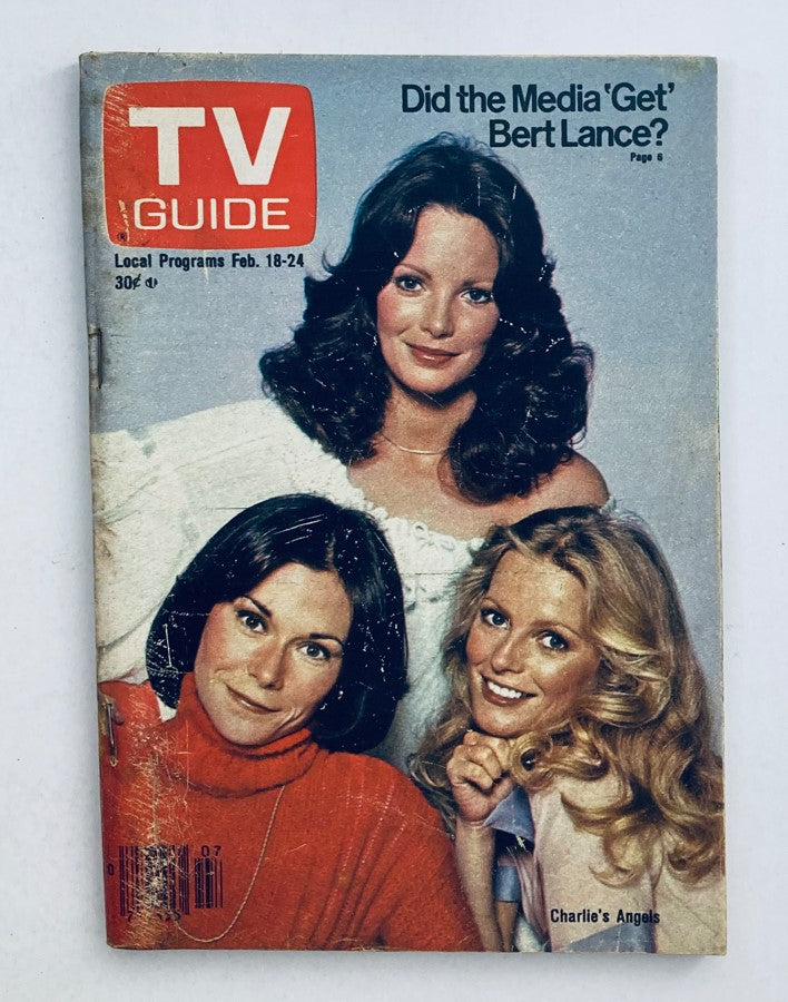 TV Guide Magazine cover from February 18, 1978 featuring Kate Jackson and other actresses, highlighting the iconic series Charlie's Angels. The cover includes a headline about media topics and local programs.