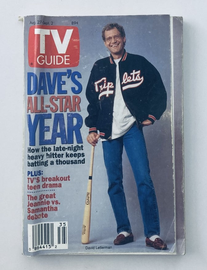 TV Guide Magazine cover from August 27, 1994 featuring David Letterman. The cover reads 'Dave's All-Star Year' with David Letterman wearing a letterman jacket and holding a baseball bat.