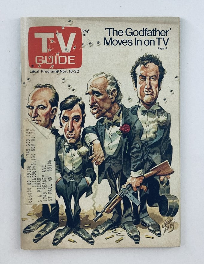 Cover of TV Guide Magazine November 16, 1974, Issue #1129 featuring a caricature of characters from The Godfather, emphasizing its cultural significance in TV history.