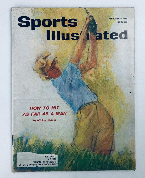 Cover of the Sports Illustrated Magazine from February 19, 1962, Volume 16, Number 7, featuring an illustration of a golfer, with the title 'How to Hit as Far as a Man' by Mickey Wright.
