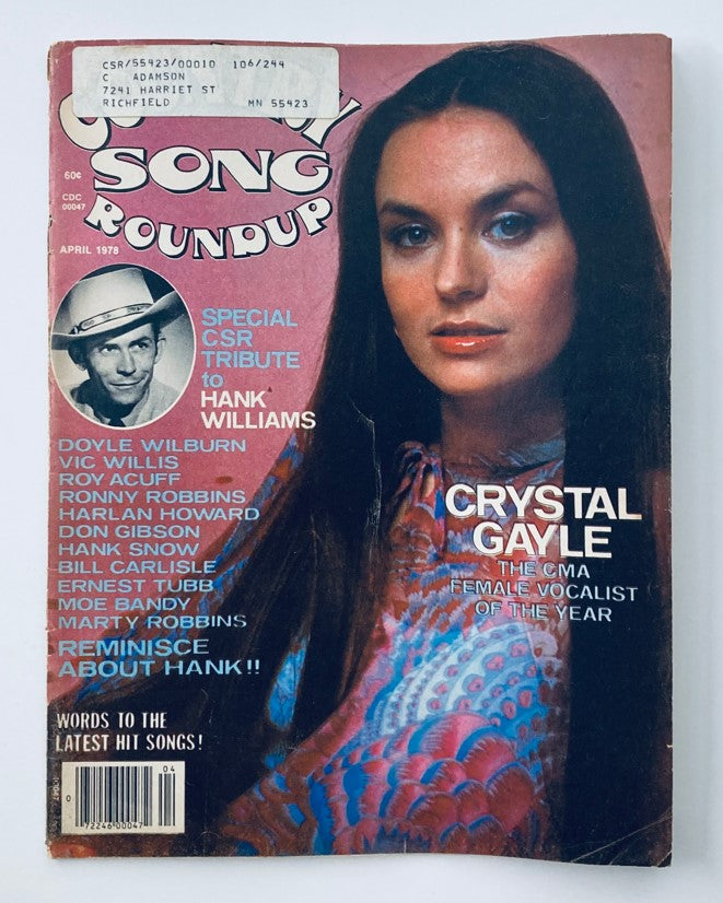 VTG Country Song Roundup Magazine April 1978 featuring Crystal Gayle on the cover alongside a tribute to Hank Williams, showcasing the charm of 1970s country music.