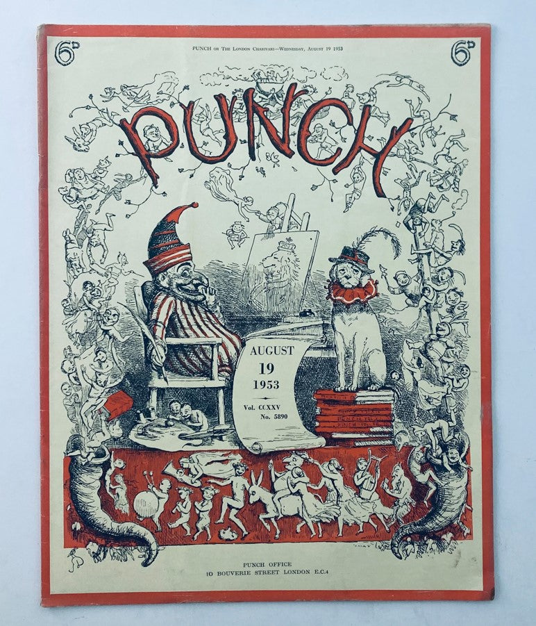 Cover of VTG Punch Magazine August 19, 1953, Vol 225 No 5890, featuring whimsical illustrations and humor from the post-WWII era.