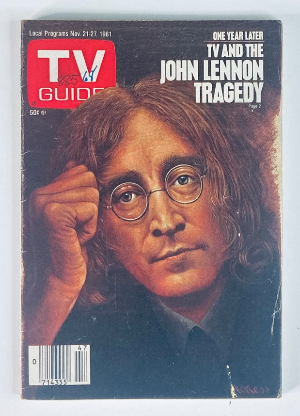 TV Guide Magazine cover from November 21, 1981 featuring John Lennon, highlighting the one-year anniversary of his tragic death. The cover includes bold TV Guide branding and a captivating image of Lennon.