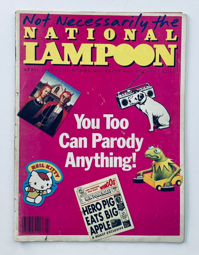 Cover of Vtg National Lampoon Magazine April 1984 featuring the headline 'You Too Can Parody Anything!' with a pink background, illustrations, and the logo of National Lampoon, showcasing vintage humor.