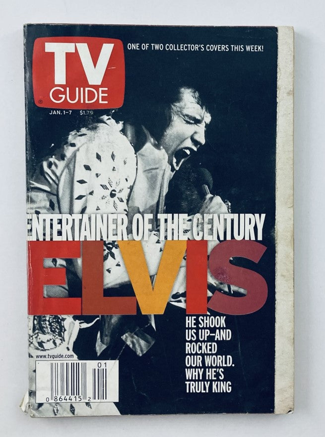 TV Guide Magazine January 1 2000 featuring Elvis Presley on the cover, titled 'Entertainer of the Century'. This magazine cover highlights Elvis with exuberant photography, showcasing his impact on music and culture.