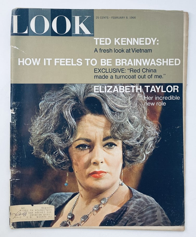 Cover of VTG Look Magazine February 8 1966 featuring Elizabeth Taylor, highlighting articles on Ted Kennedy and brainwashing.