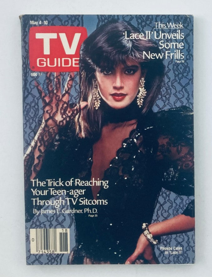 TV Guide Magazine cover from May 4, 1985 featuring the title 'TV Guide Magazine May 4 1985 Phoebe Cates WA-Baltimore Ed. No Label'. The cover displays a stylized image of a woman in black attire, emphasizing fashion alongside promotional text about TV shows, particularly 'Lace II'.