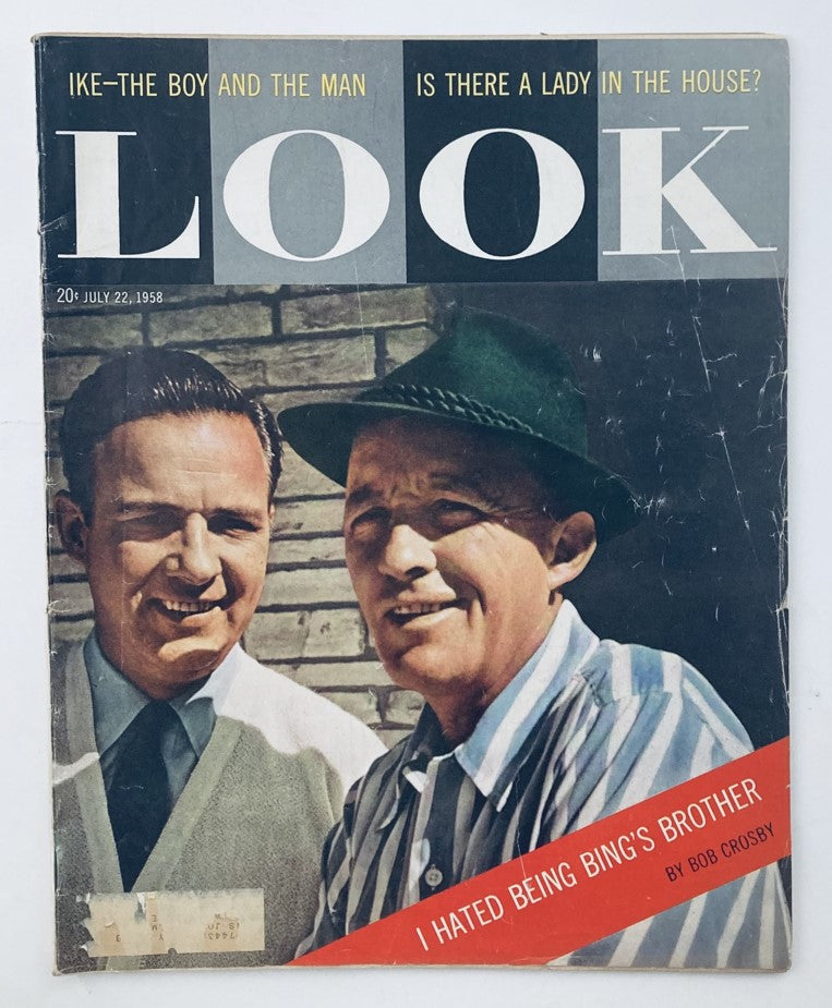 Cover of VTG Look Magazine July 22 1958 Vol 22 No 15 featuring Bing Crosby and brother Bob Crosby. The magazine title 'LOOK' is prominently displayed.