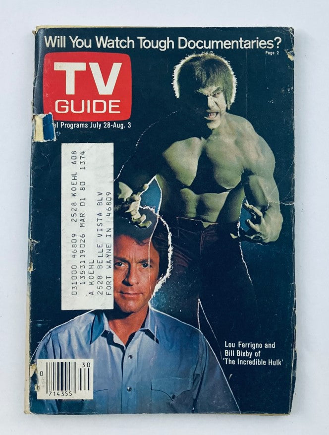 Cover of TV Guide Magazine July 28, 1979 #1374 featuring Lou Ferrigno as The Incredible Hulk and Bill Bixby, showcasing a moment in late 1970s television culture.
