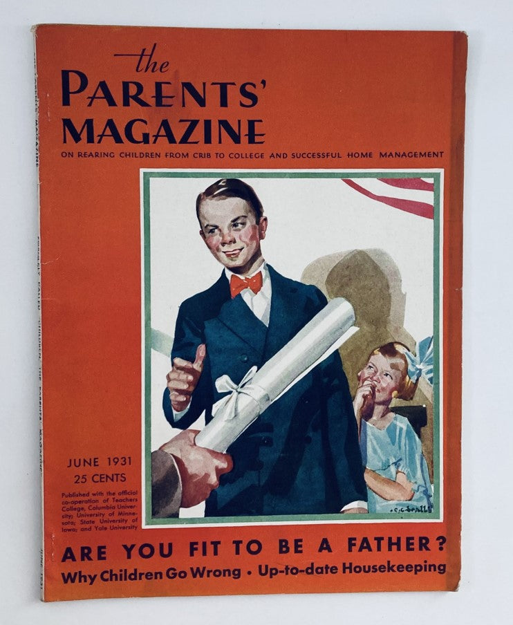 Cover of VTG The Parents' Magazine June 1931, Vol 6 No. 6 featuring a young boy in a suit receiving a diploma with children looking on.