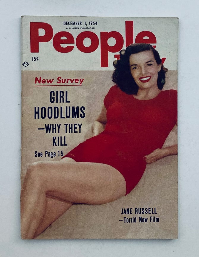 Cover of VTG People Today Magazine December 1, 1954, Volume 9, Number 11 featuring Jane Russell in a red swimsuit, exploring 1950s fashion and culture.