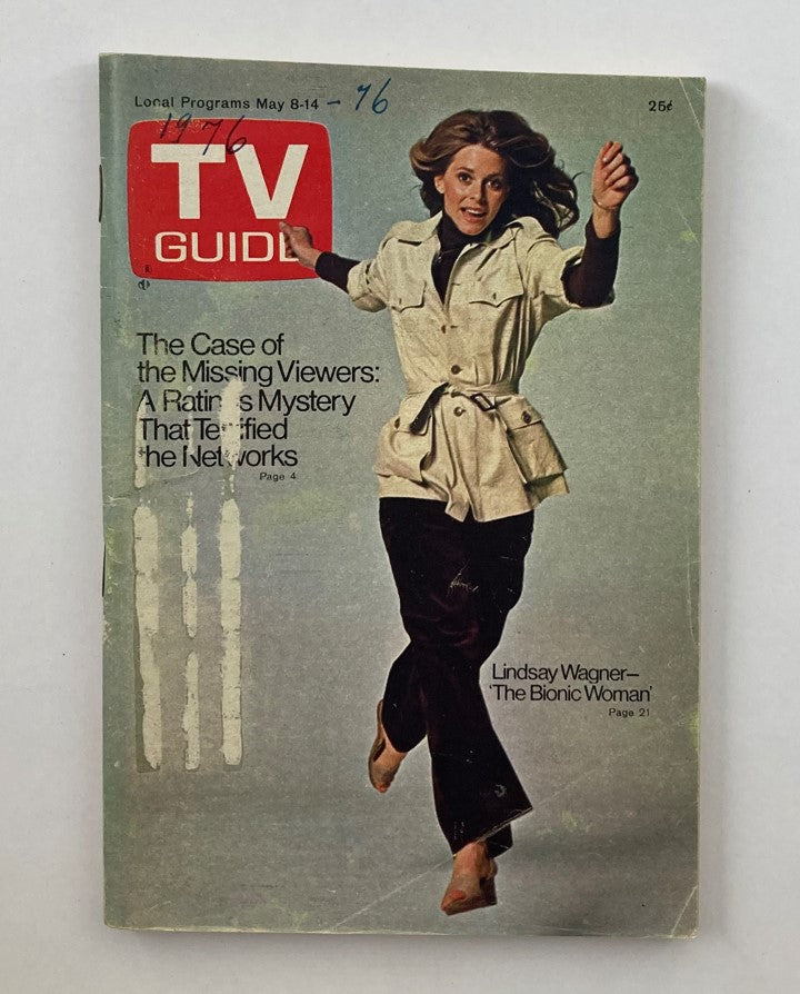 Cover of TV Guide Magazine issue #1206 dated May 8, 1976, featuring Lindsay Wagner, star of 'The Bionic Woman', posing energetically outdoors.