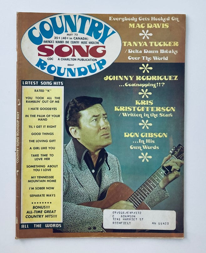 VTG Country Song Roundup Magazine May 1973 featuring Johnny Rodriguez and Don Gibson on the cover, showcasing the vintage country music scene.