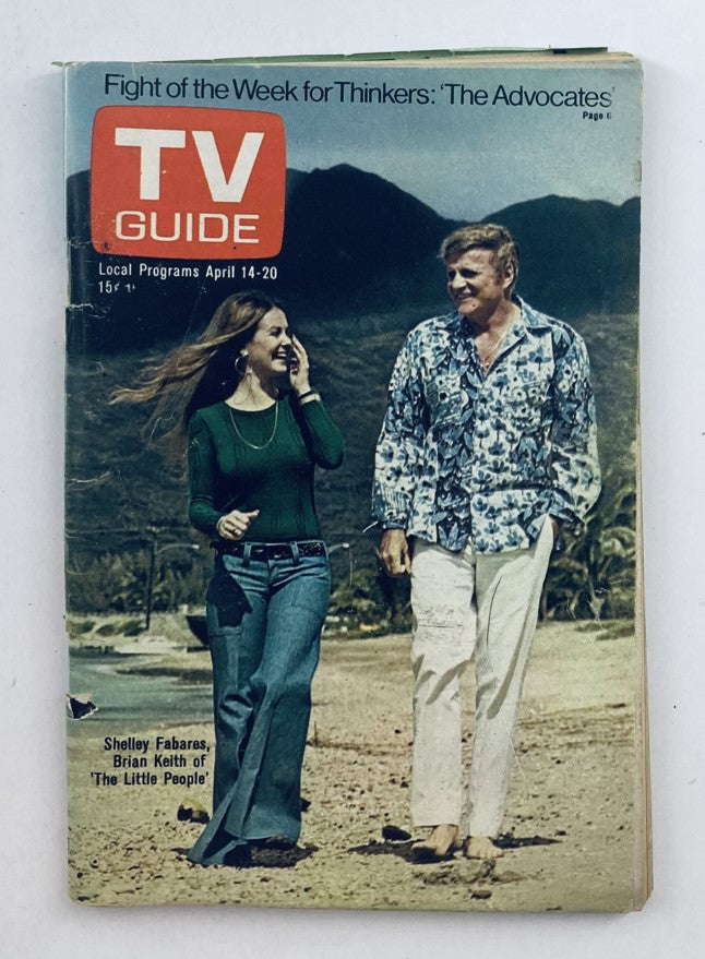 TV Guide Magazine from April 14, 1973, issue #546 featuring Shelley Fabares and Brian Keith on the cover. The magazine showcases local programs and includes the article 'Fight of the Week for Thinkers: The Advocates.' Perfect for television history collectors.
