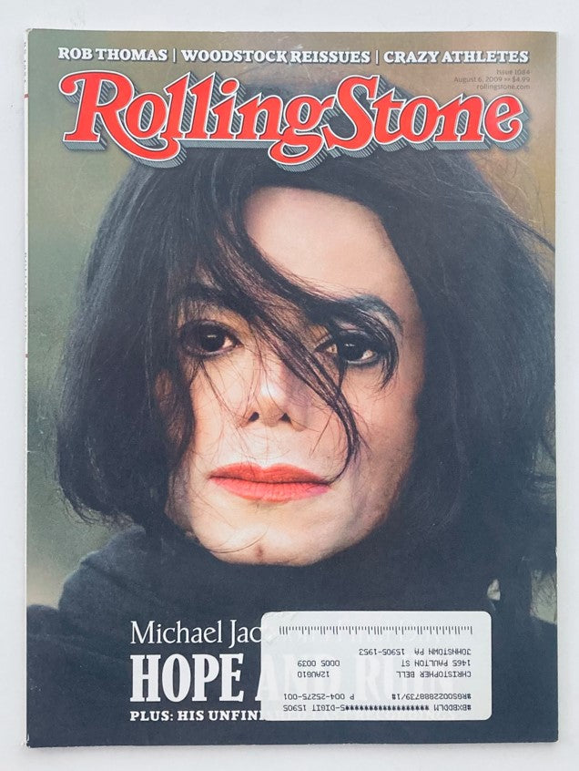 Rolling Stone Magazine August 6 2009, Issue 1084 featuring Michael Jackson on the cover, highlighting his impact on pop culture and music alongside Rob Thomas.