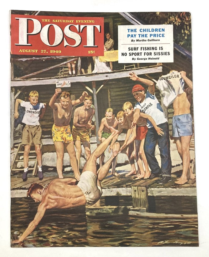 Cover of Saturday Evening Post Magazine dated August 27, 1949, featuring a lively scene of children and a swimmer at a summer camp.