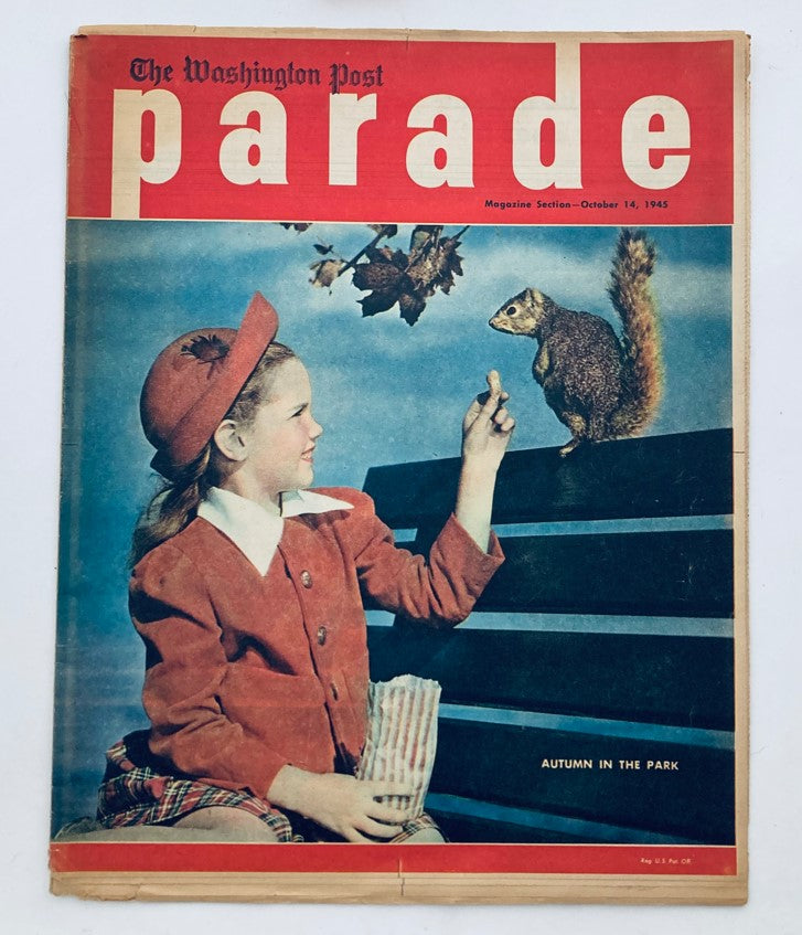 Cover of Parade Newspaper Magazine WA Post from October 14, 1945, featuring a girl in a red jacket feeding a squirrel, themed 'Autumn in the Park'.