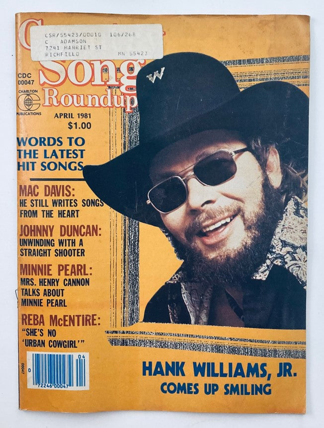 Cover of VTG Country Song Roundup Magazine April 1981 featuring Hank Williams Jr. with the title 'Comes Up Smiling', showcasing his iconic style and the vibrant country music scene of the early '80s.