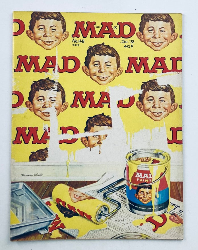 Cover of Mad Magazine January 1972 No. 148 featuring humorous illustrations of characters and vibrant yellow background with the title Mad prominently displayed.