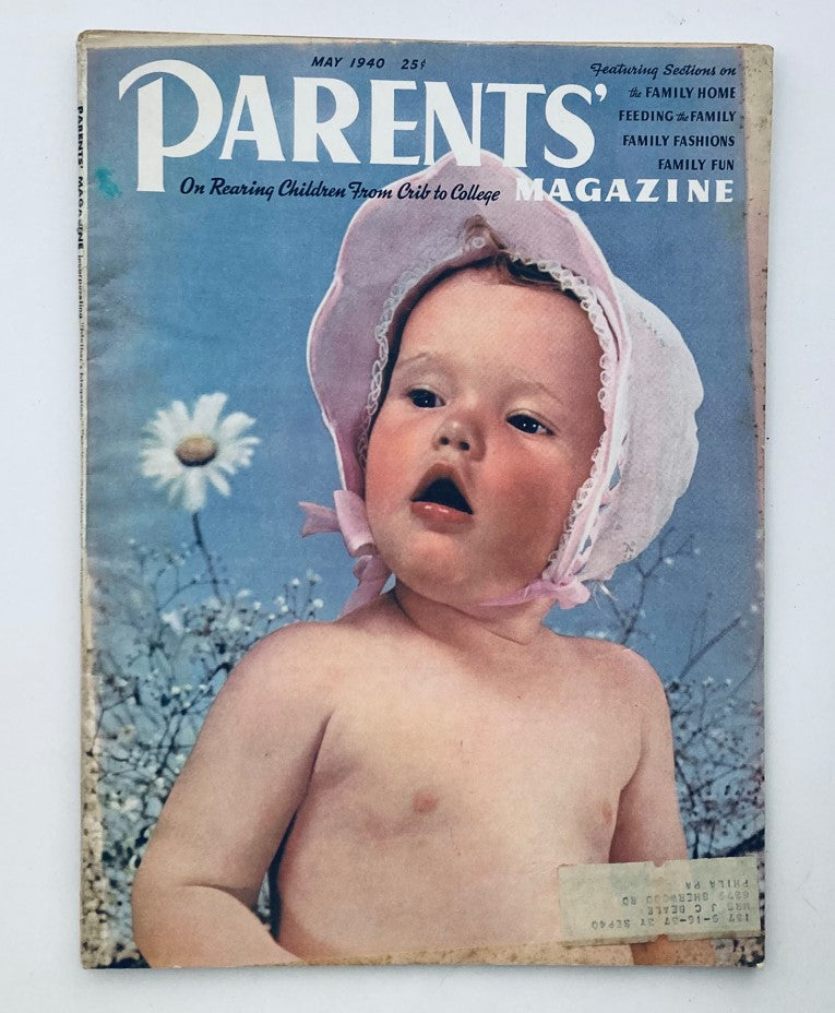 Cover of VTG Parents' Magazine May 1940 Vol 15 No. 5, featuring a vintage photograph of a baby in a bonnet against a floral background, highlighting parenting themes from the 1940s.