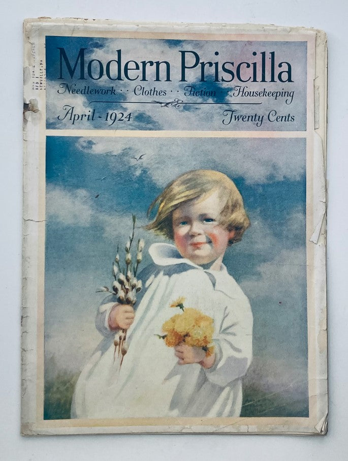 Cover of VTG Modern Priscilla Magazine April 1924, featuring a child holding flowers, showcasing early 20th-century fashion and needlework themes.