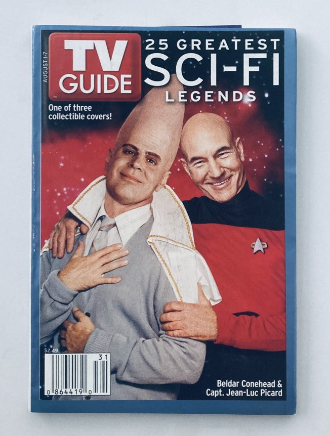 TV Guide Magazine August 1, 2004 featuring Patrick Stewart as Capt. Jean-Luc Picard alongside Beldar Conehead, highlighting 25 greatest sci-fi legends, ideal for collectors.