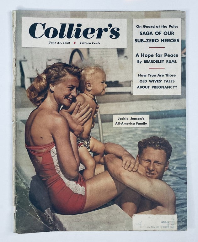 Cover of VTG Collier's Magazine June 21, 1952 showcasing Jackie Jensen's All-America Family with a woman and child at the poolside, featuring articles on sub-zero heroes and pregnancy.