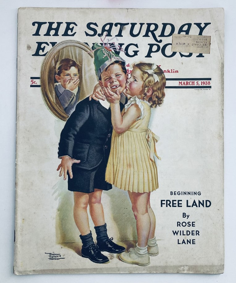 Cover of The Saturday Evening Post Magazine from March 5, 1938 featuring a whimsical illustration of children, with the title "Free Land by Rose Wilder Lane" prominently displayed.