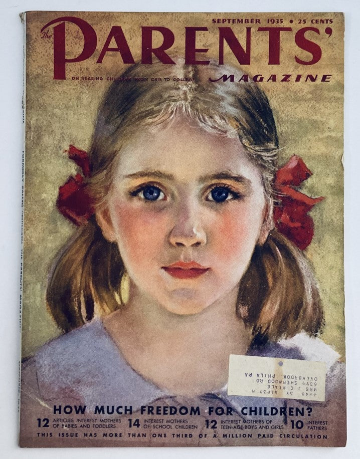 Cover of VTG The Parents' Magazine from September 1935, featuring the title 'How Much Freedom for Children?' with a portrait of a young girl, highlighting vintage parenting themes.