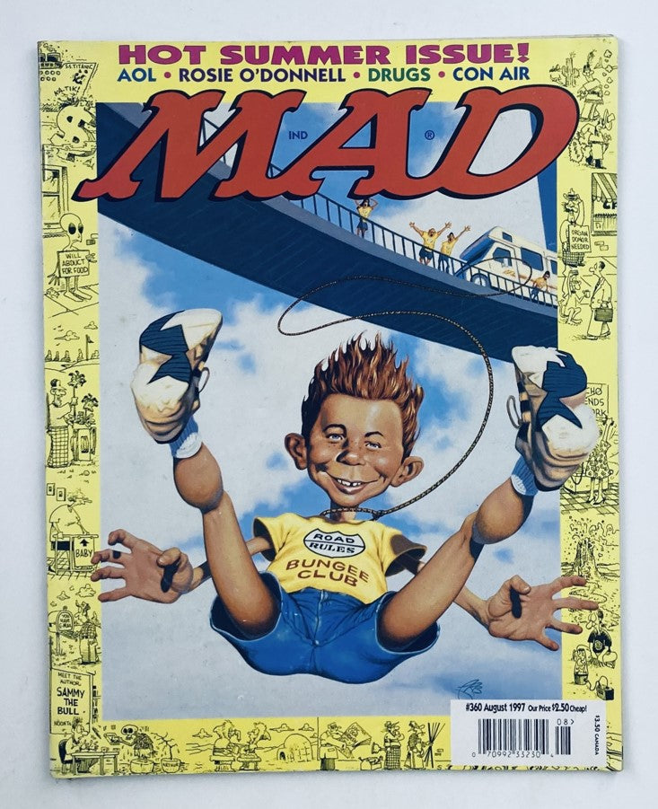 Cover of Mad Magazine August 1997 No. 360 featuring 'Alfred's Bungee Club' with a humorous illustration of a boy bungee jumping, showcasing the magazine's iconic satirical style.