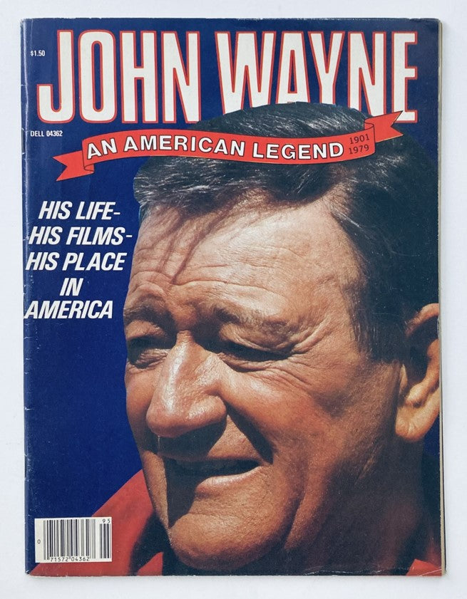 Vintage 1979 John Wayne magazine cover titled 'John Wayne: An American Legend' showcasing a close-up of John Wayne's face with text highlighting his life, films, and cultural significance in America.