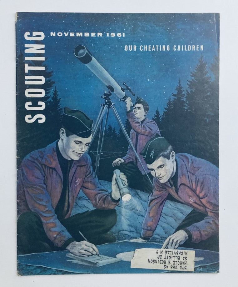 Cover of VTG Scouting Magazine November 1961 Vol 49 No. 9 featuring a nighttime scene with scouts using a telescope and a flashlight, illustrating the theme 'The Ageless Stars Not Hollywood'.