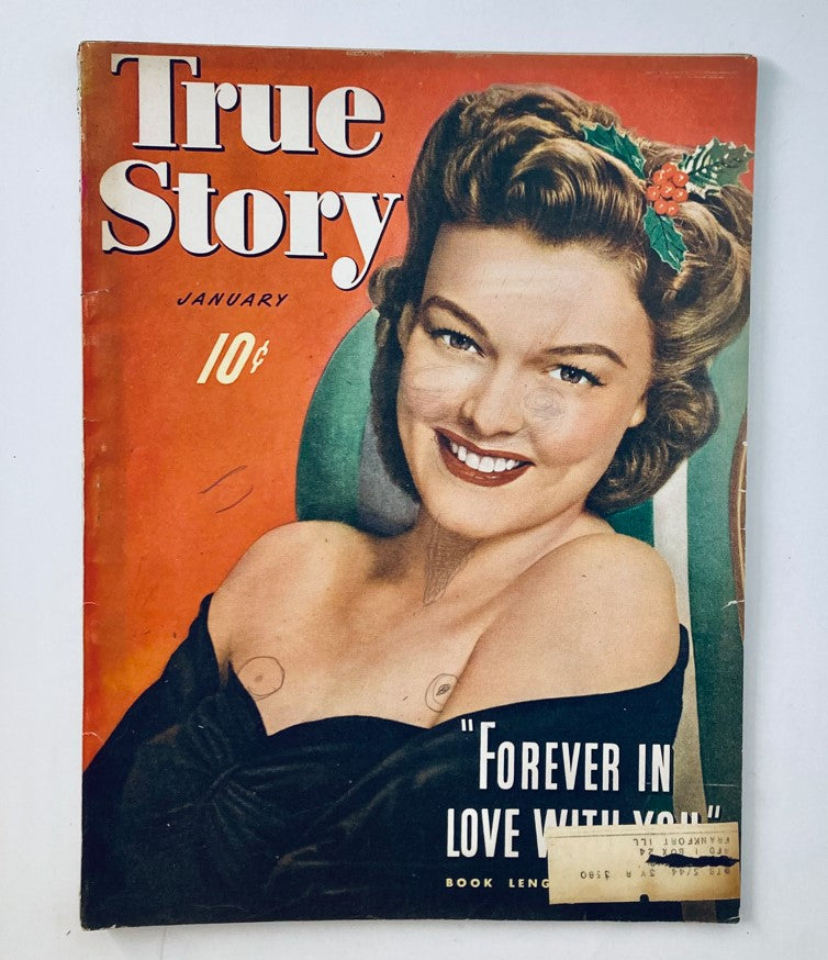 VTG True Story Magazine January 1943, Volume 47, Number 6 cover featuring a smiling woman with vintage hairstyle and festive decorations, titled 'Forever In Love With You.'