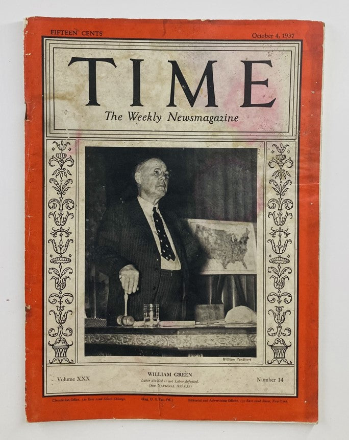 Cover of VTG Time Magazine from October 4, 1937, featuring William Green, labor leader, with a photo showcasing him at a podium.