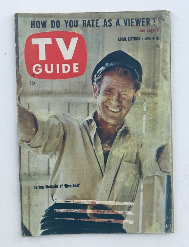 Cover of TV Guide Magazine from June 4, 1960 featuring Darren McGavin of 'Riverboat' with the headline 'HOW DO YOU RATE AS A VIEWER?'. The magazine displays vintage graphics and a price of 15 cents.