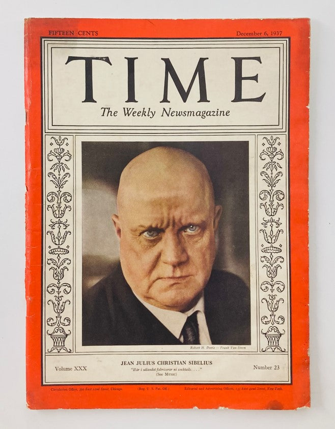 Vintage Time Magazine cover from December 6, 1937 featuring Jean Julius Christian Sibelius, Volume 30, Number 23, showcasing historical cultural significance.