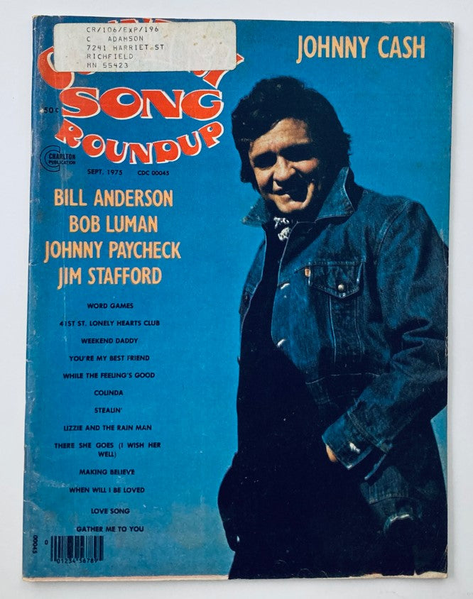 VTG Country Song Roundup Magazine September 1975 featuring Johnny Cash on the cover, showcasing the iconic artist in a denim jacket with a vibrant blue background. This collectible magazine includes articles about Johnny Cash, Bob Luman, and more, reflecting the rich history of country music in the 1970s.