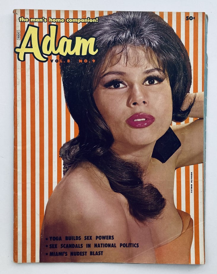 VTG Adam Magazine September 1964 Cover featuring Burlesque Star Bev La Rue, showcasing a captivating portrait with vibrant orange and white stripes in the background.