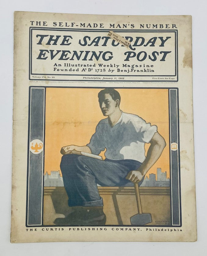 Cover of The Saturday Evening Post Illustrated, January 11, 1902, titled 'Self-Made Man's Number', featuring a man with a hammer, symbolizing ambition and success.
