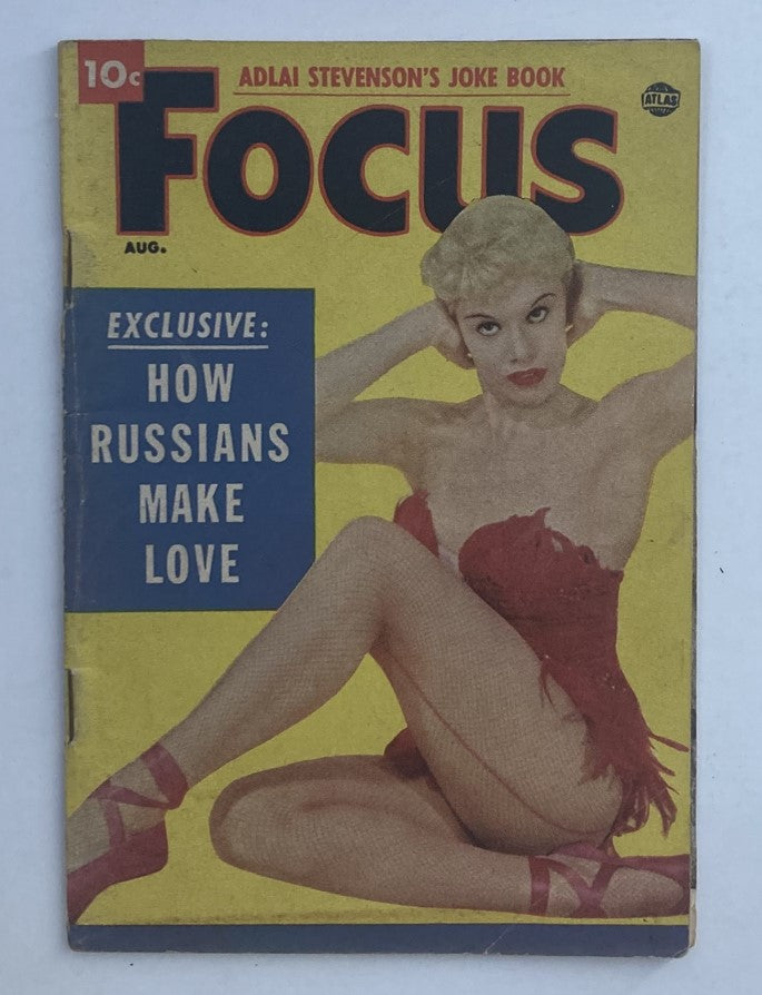 Cover of VTG Focus Magazine August 1954 titled 'How Russians Make Love' featuring a woman in a red outfit, showcasing mid-20th century cultural exploration.