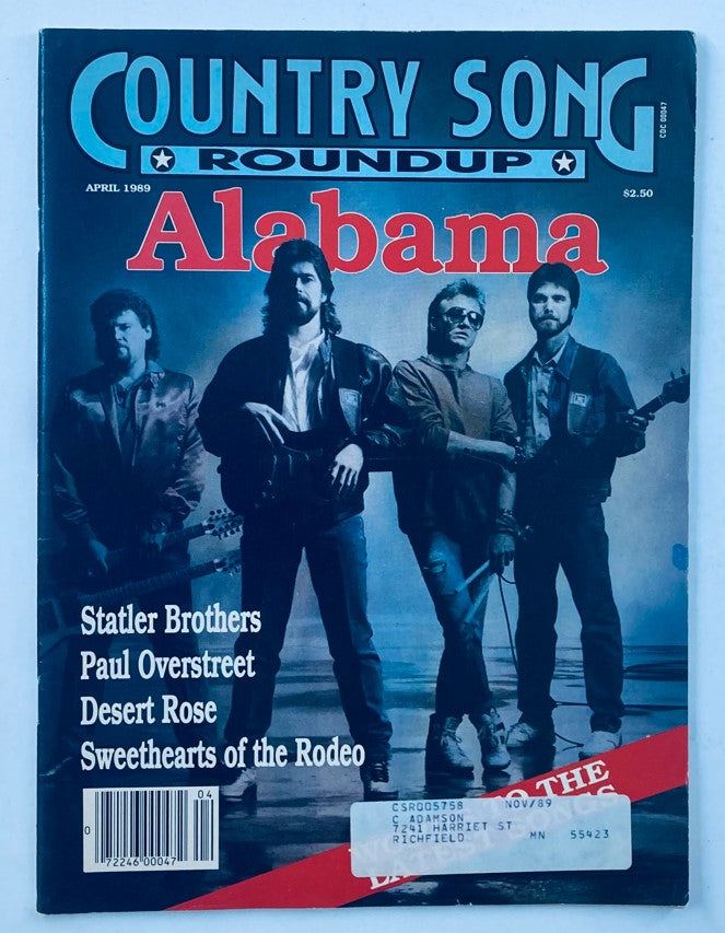 Cover of VTG Country Song Roundup Magazine April 1989 featuring Alabama and Statler Brothers with a striking visual layout and highlighted headlines.