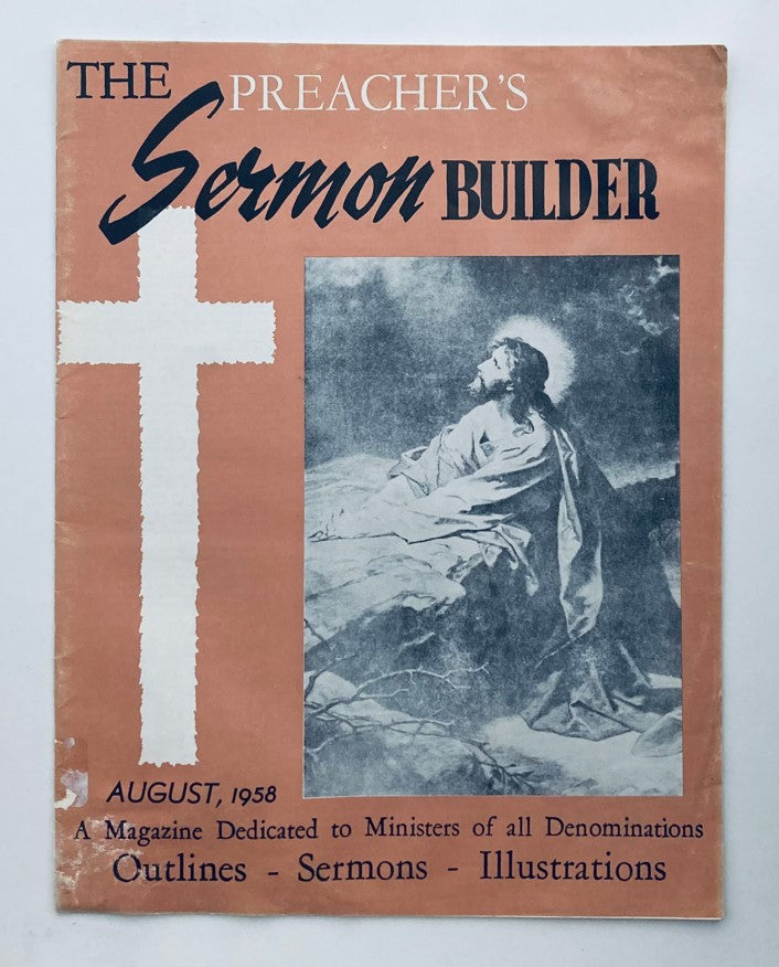 VTG The Preacher's Sermon Builder Magazine - August 1958, featuring a cross and an image of Jesus, dedicated to ministers of all denominations.