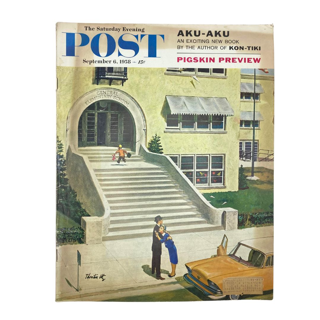 Cover of the Saturday Evening Post Magazine dated September 6, 1958 featuring the artwork 'Johnny is Small' by Thornton Utz, depicting two characters at a school entrance.