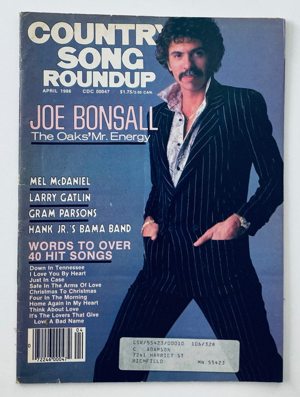 Cover of Country Song Roundup Magazine April 1986 featuring Joe Bonsall, The Oak Ridge Boys’ Mr. Energy, showcasing vibrant 1980s country music culture.
