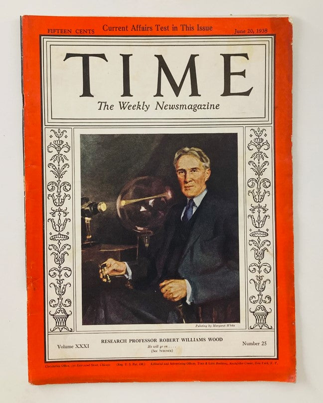 VTG Time Magazine June 20 1938 Volume 31 No. 25 featuring Research Professor Robert Williams Wood on the cover, showcasing vintage magazine design and history.