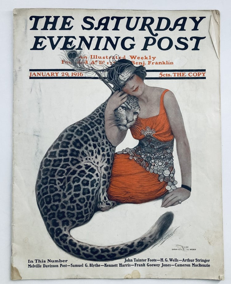 Cover of The Saturday Evening Post Magazine January 29, 1916 featuring a woman in an elaborate outfit with a leopard, showcasing early 20th-century artistry.