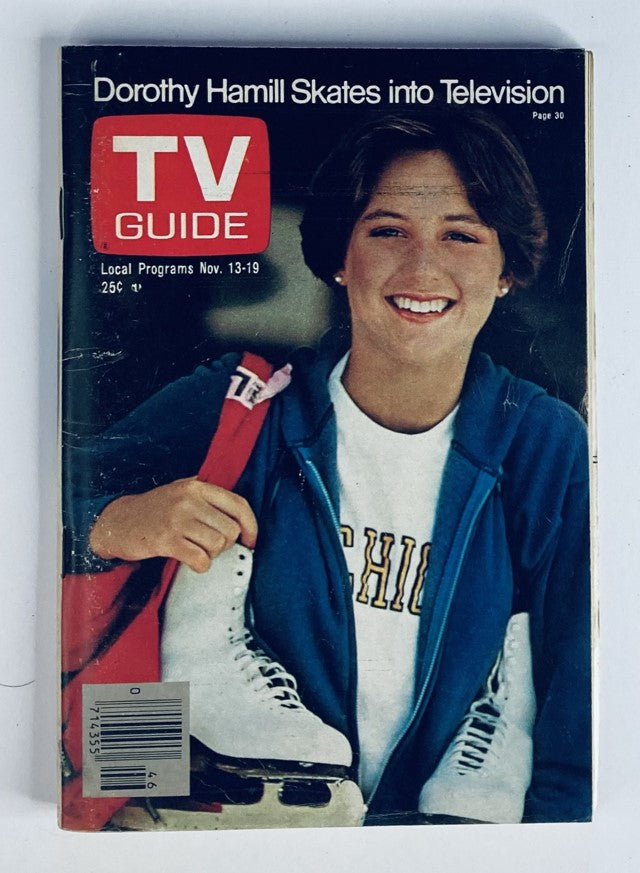 TV Guide Magazine featuring Dorothy Hamill on the cover, dated November 13, 1976. This vintage magazine highlights the figure skater's transition into television, showcasing her smiling portrait with skating equipment.